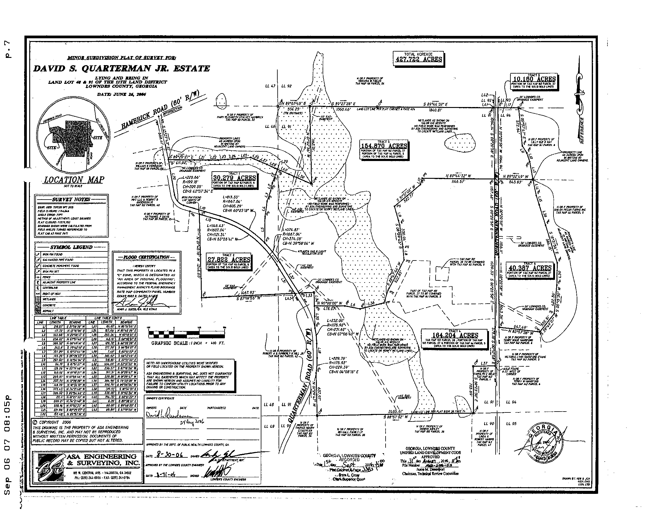 DSQ Jr. Estate Survey Map Recorded 1 Sep 2006; shows 40' gas easement
