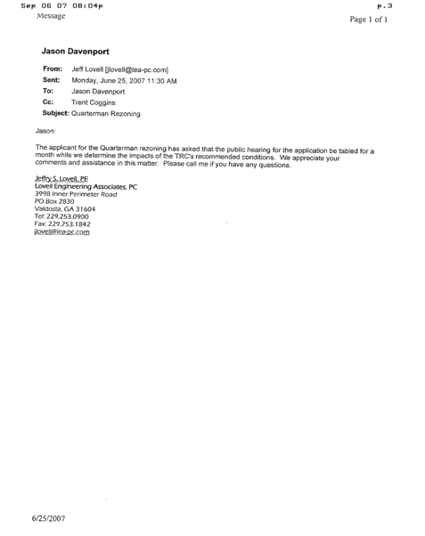 Email from Jeff Lovell to Jason Davenport, cc Trent Coggins, 25 June 2007, requesting tabling for a month