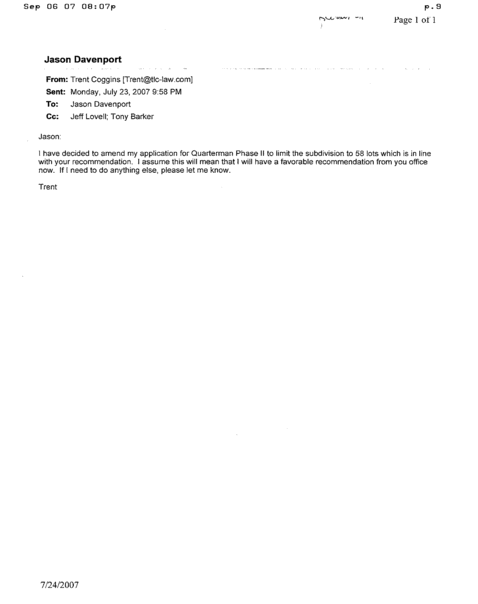Email from Trent Coggins to Jason Davenport (cc Jeff Lovell; Tony Barker), of 23 July 2007, about amendment to 58 houses